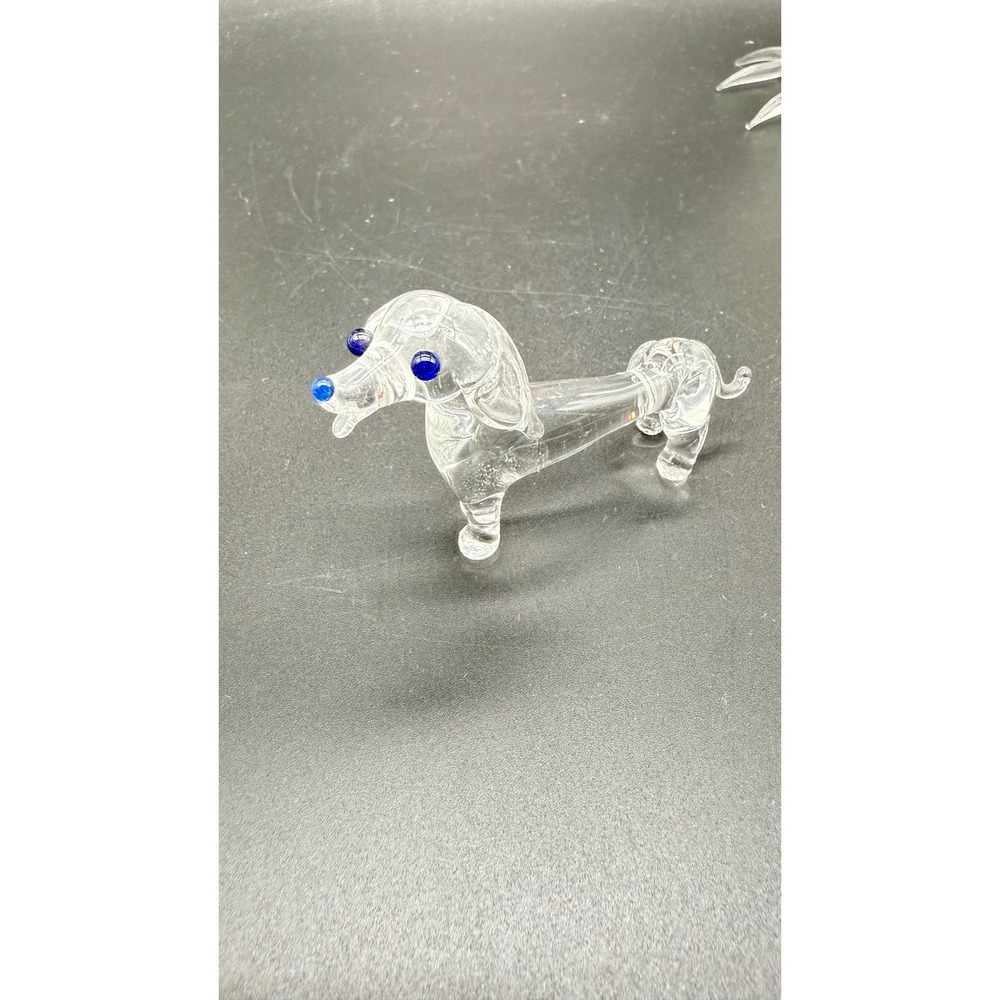 Vintage Hand Blown Clear Art Glass Dachshund Figurine Cobalt Blue Eyes Nose